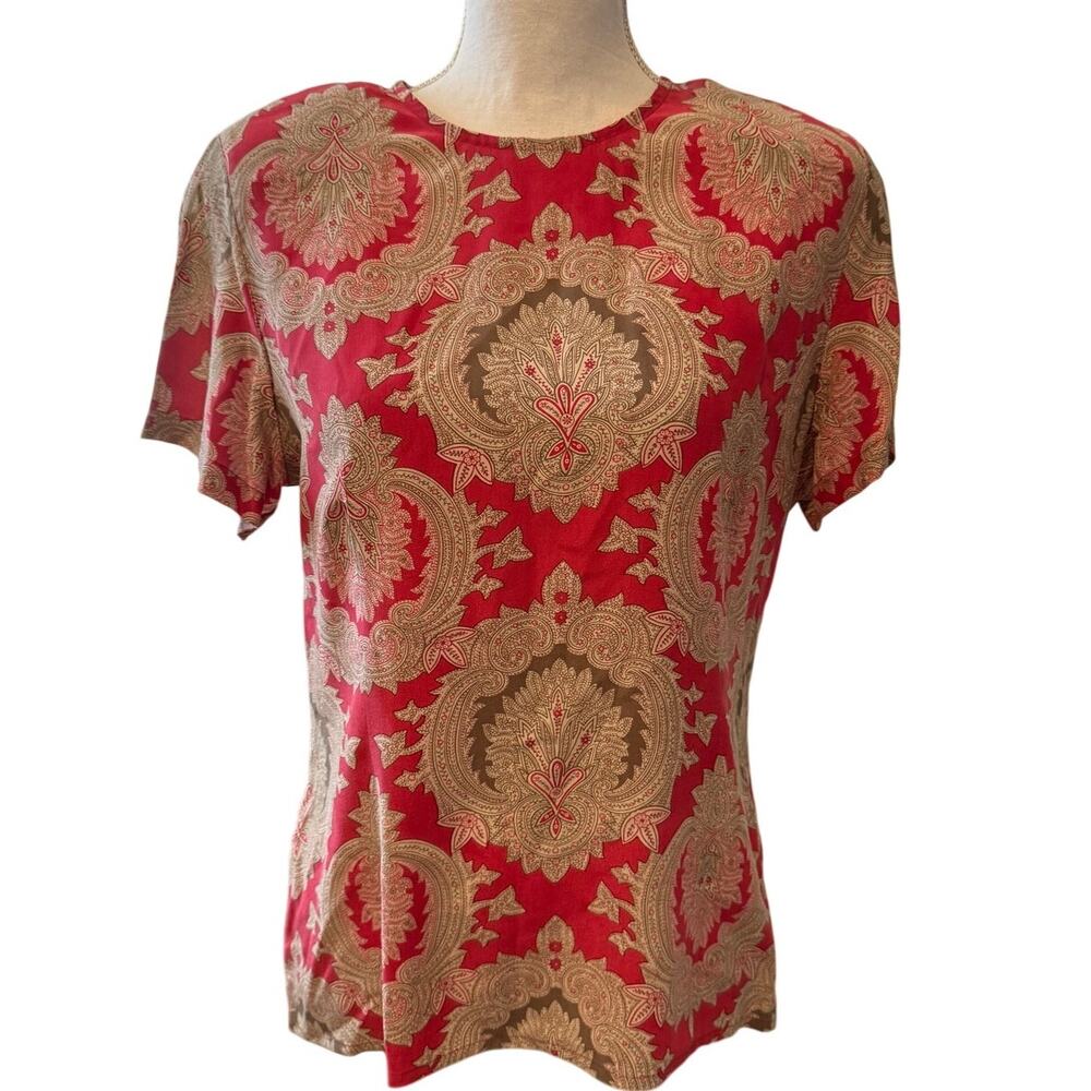 Vintage Evan-Picone Silk Short Sleeve Top Red Mediallion Print 8